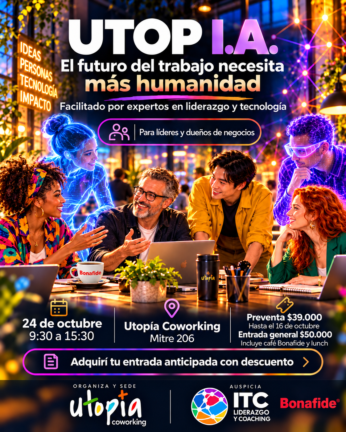 UTOP I.A. — El futuro del trabajo necesita más humanidad. Afiche del evento en Utopía Coworking.